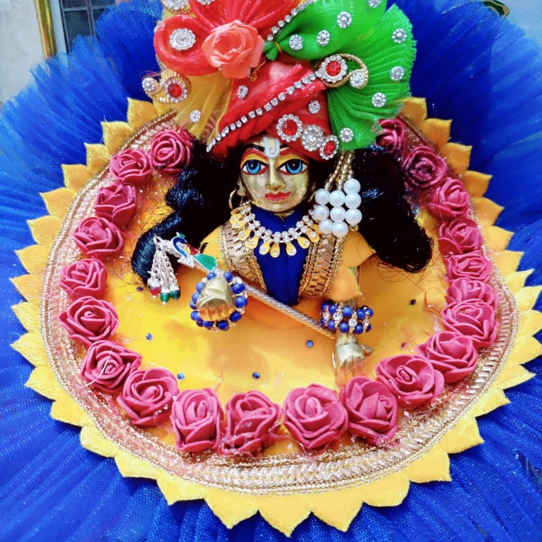 Laddu Gopal Dress Blue Frill Yellow Poshak with Crown