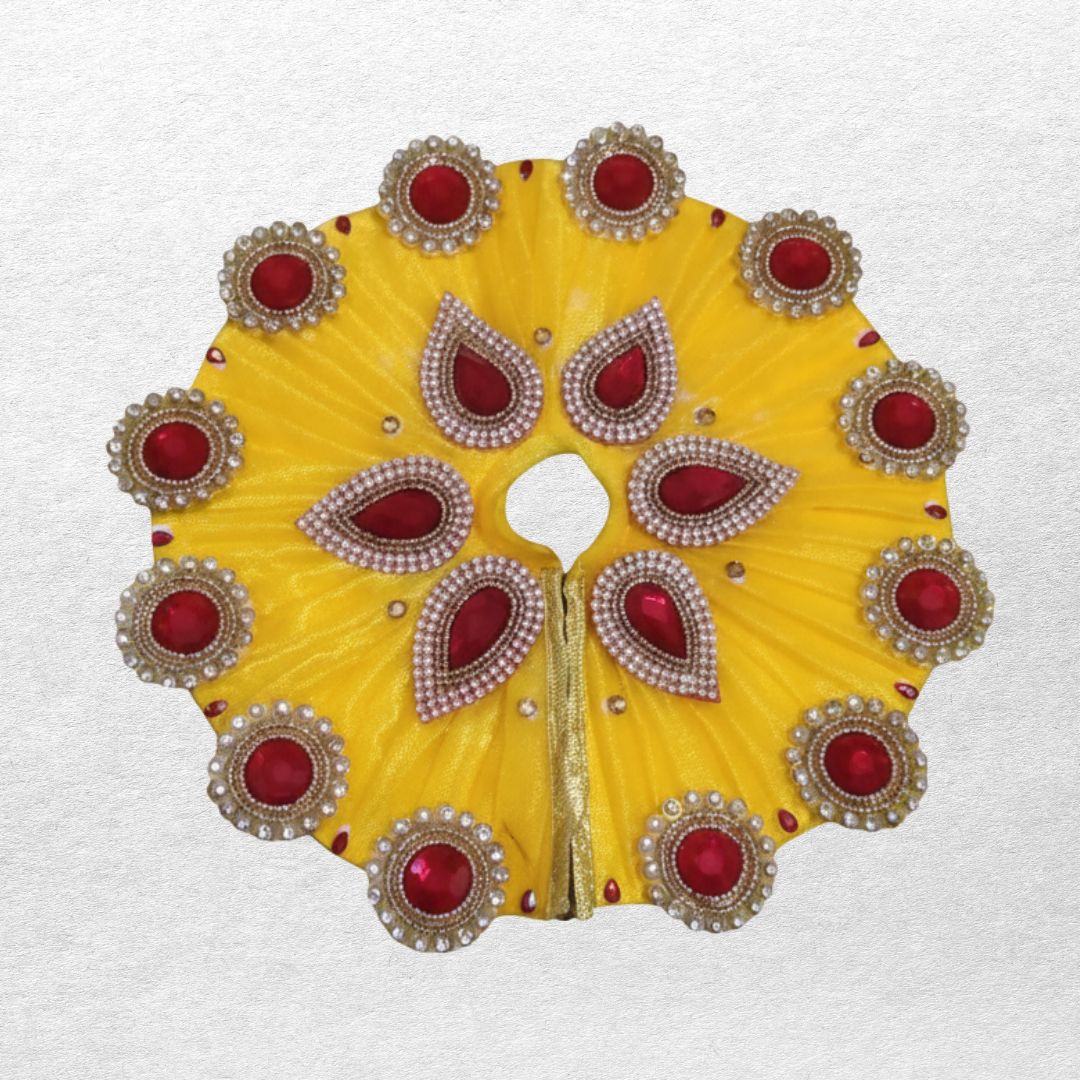 Laddu Gopal Dress Yellow Red Stone Poshak with Pearls